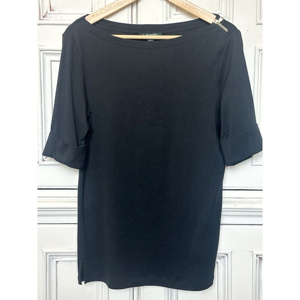 NEW Lauren Ralph Lauren W's Sz M Top Cuffed Short Sleeve Black Gold Zip Accent